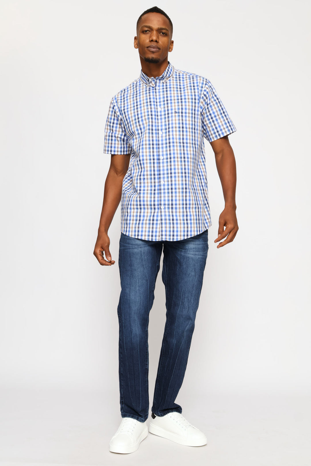Short Sleeve Check Button Down Shirt - White /Blue/Taupe