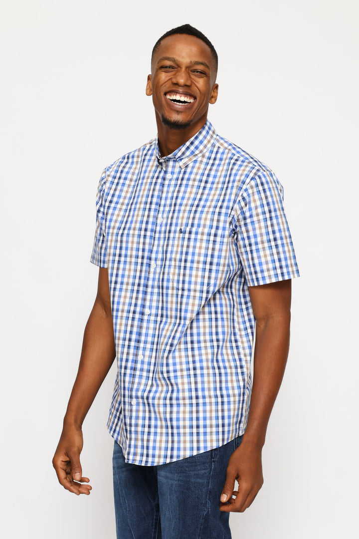 Short Sleeve Check Button Down Shirt - White /Blue/Taupe