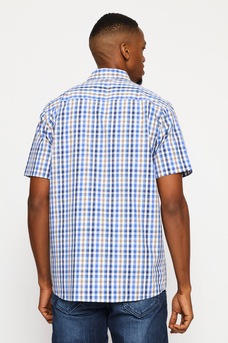 Short Sleeve Check Button Down Shirt - White /Blue/Taupe