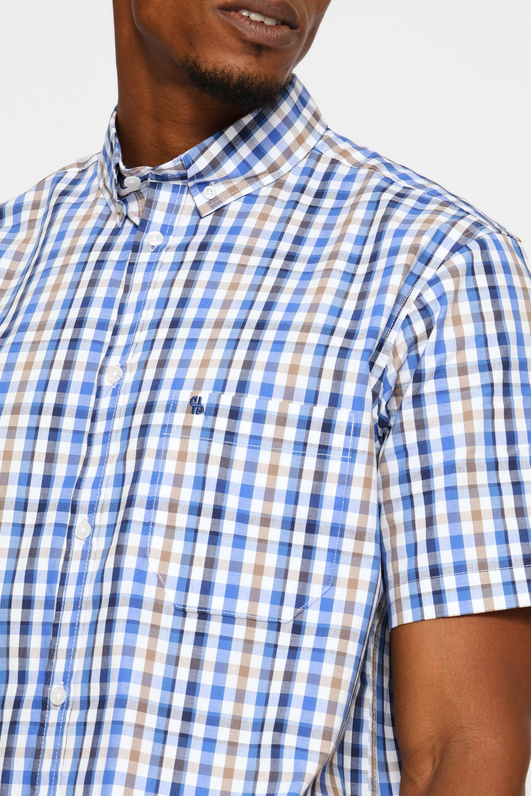 Short Sleeve Check Button Down Shirt - White /Blue/Taupe