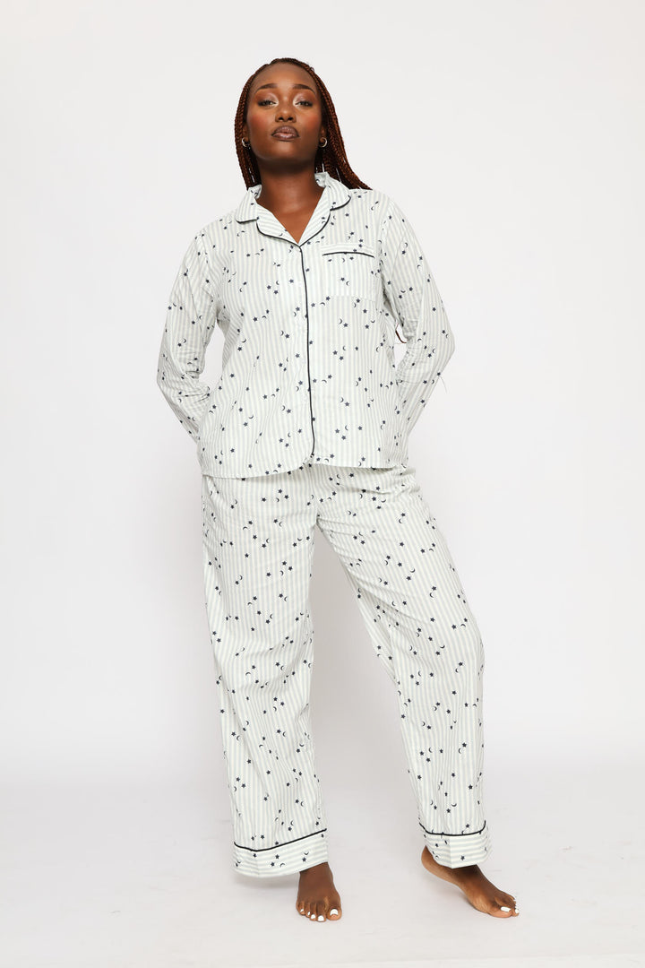 Long Sleeve Stripes & Stars Button Through & Pant Cotton Set - White/Blue