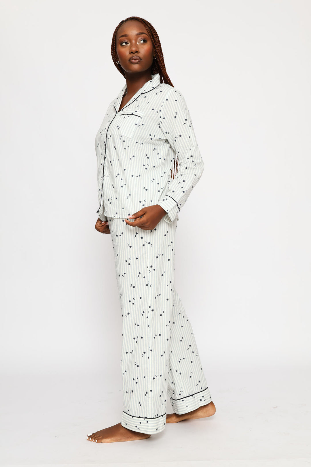 Long Sleeve Stripes & Stars Button Through & Pant Cotton Set - White/Blue