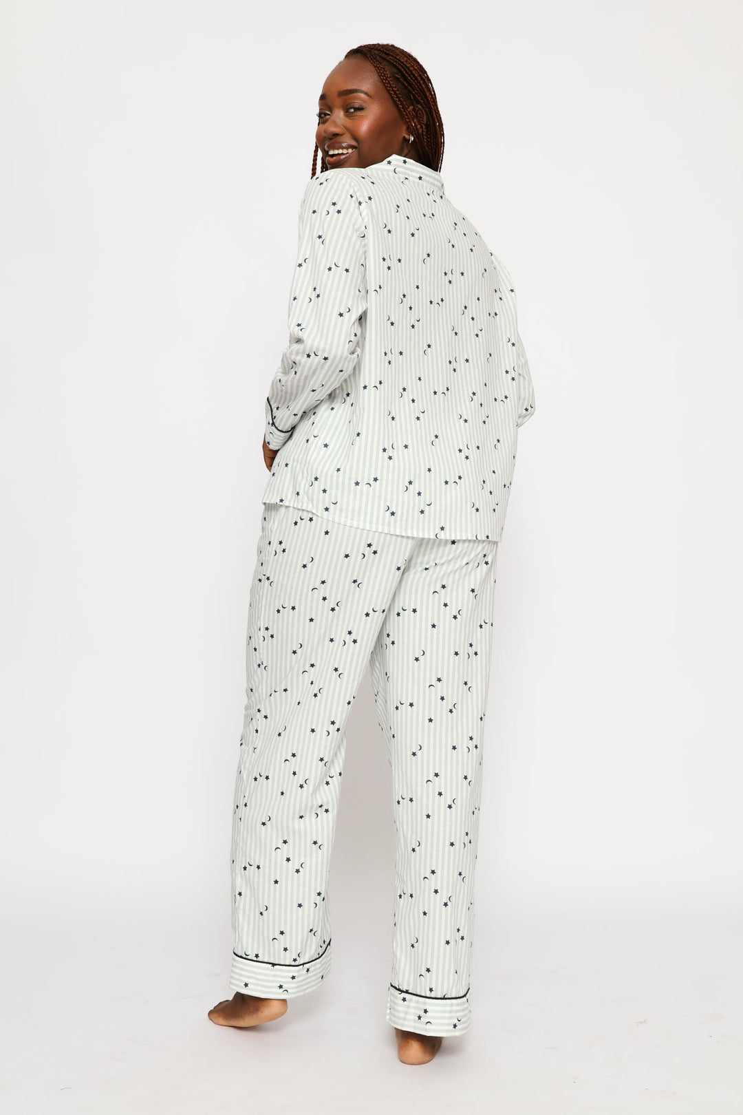 Long Sleeve Stripes & Stars Button Through & Pant Cotton Set - White/Blue