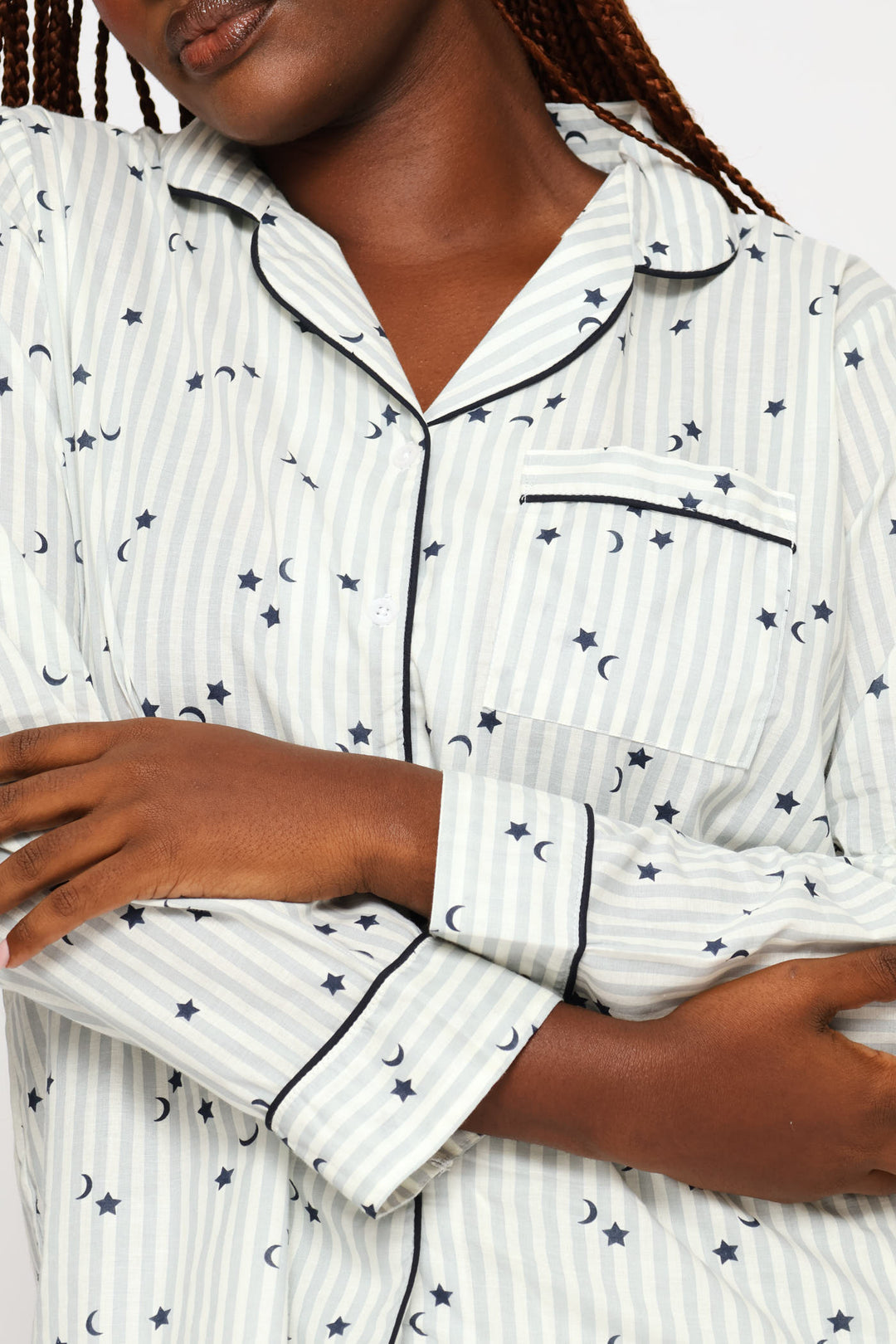 Long Sleeve Stripes & Stars Button Through & Pant Cotton Set - White/Blue