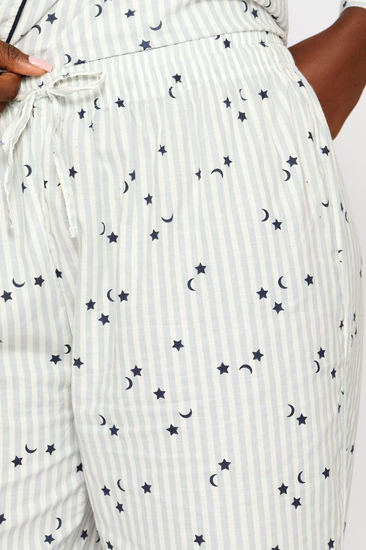 Long Sleeve Stripes & Stars Button Through & Pant Cotton Set - White/Blue