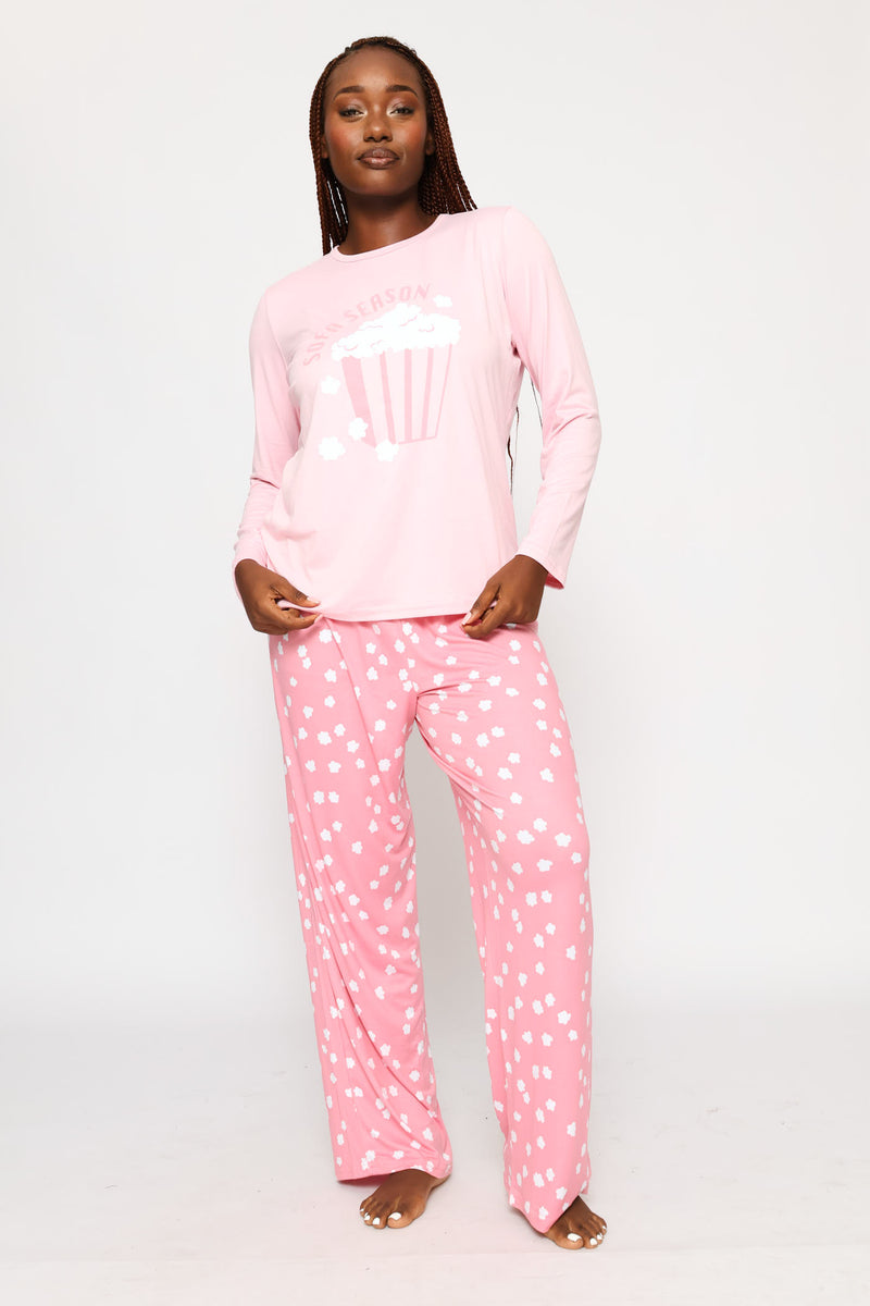 Long Sleeve Soft Touch Popcorn Top & Pant Set - Pink