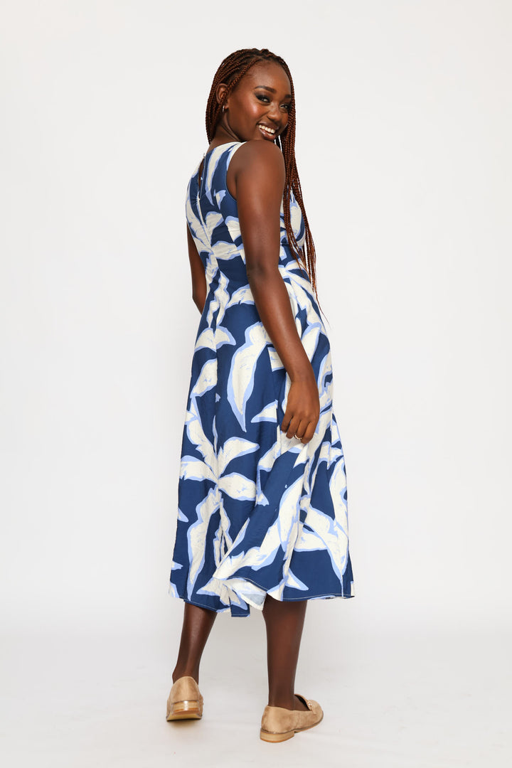 Panelled Fit & Flare Volume Print Midi Dress - Navy/Blue
