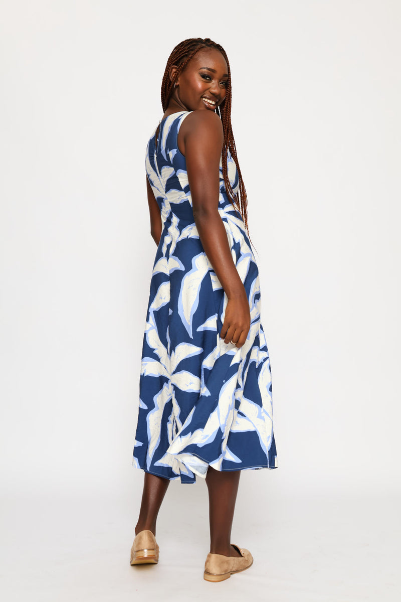 Panelled Fit & Flare Volume Print Midi Dress - Navy/Blue