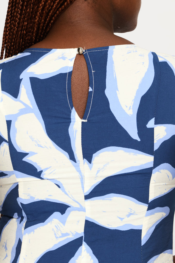 Panelled Fit & Flare Volume Print Midi Dress - Navy/Blue