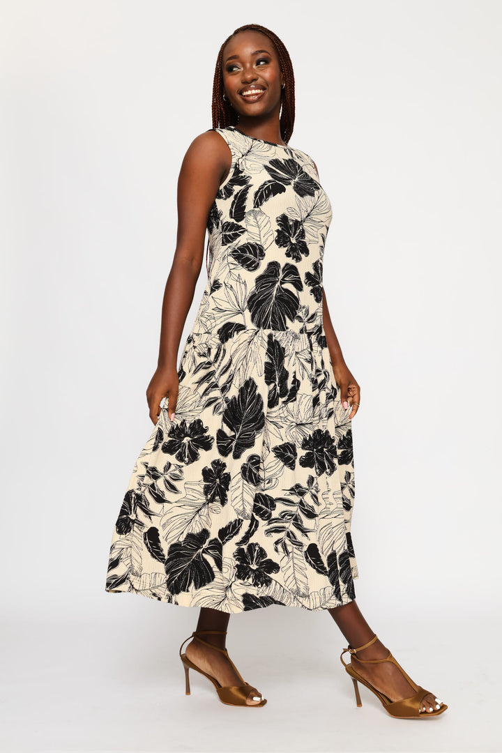 Drop Waist Crinkle Midaxi Dress - Stone/Black