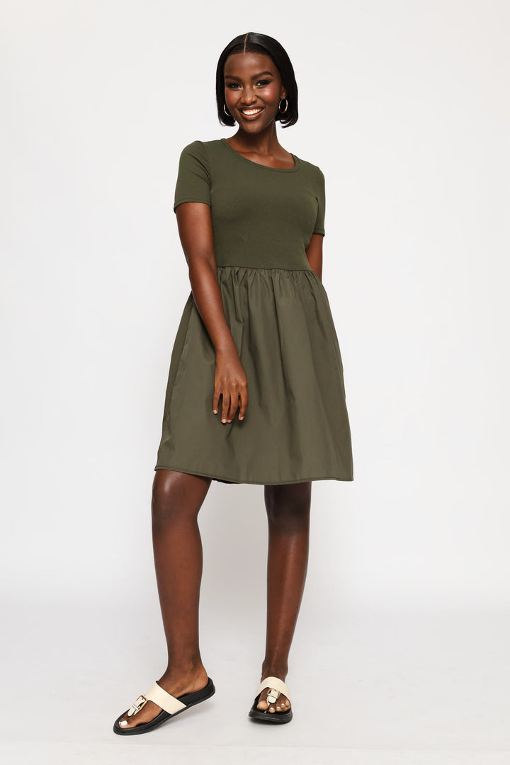 Rib Combo Babydoll Mini Dress - Fatigue
