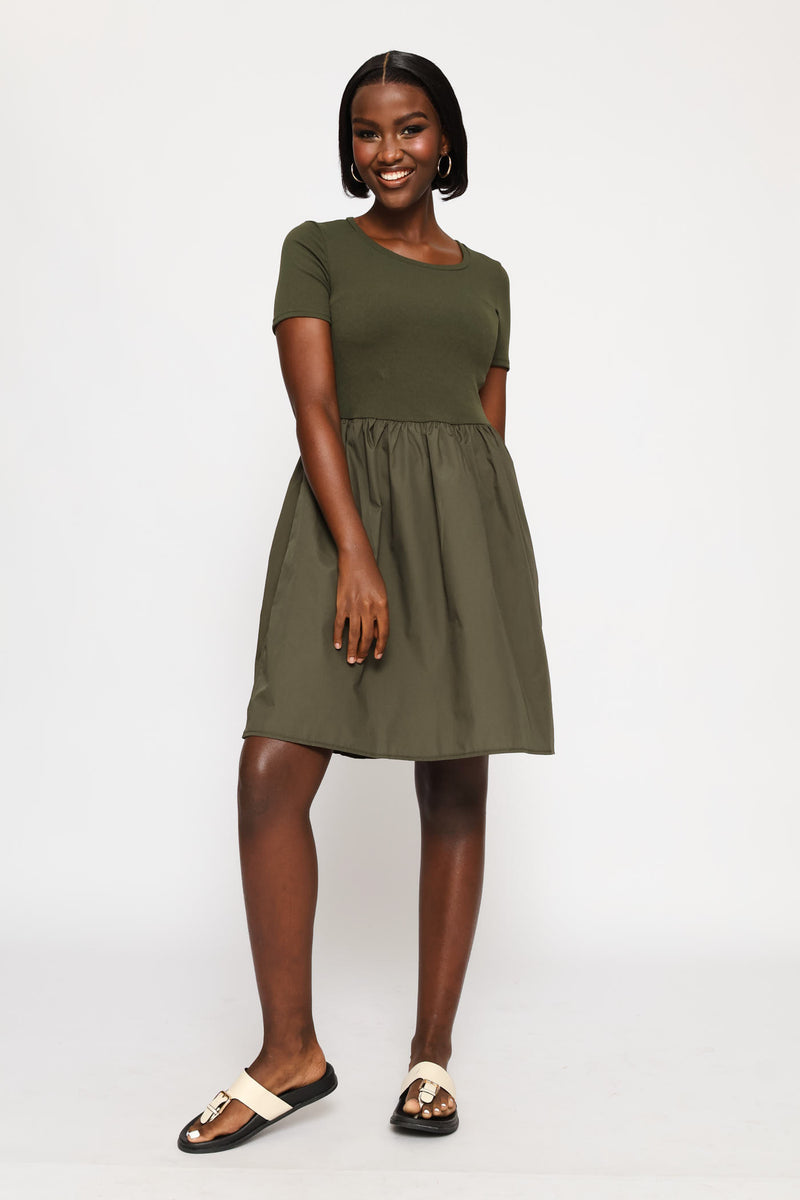 Rib Combo Babydoll Mini Dress - Fatigue