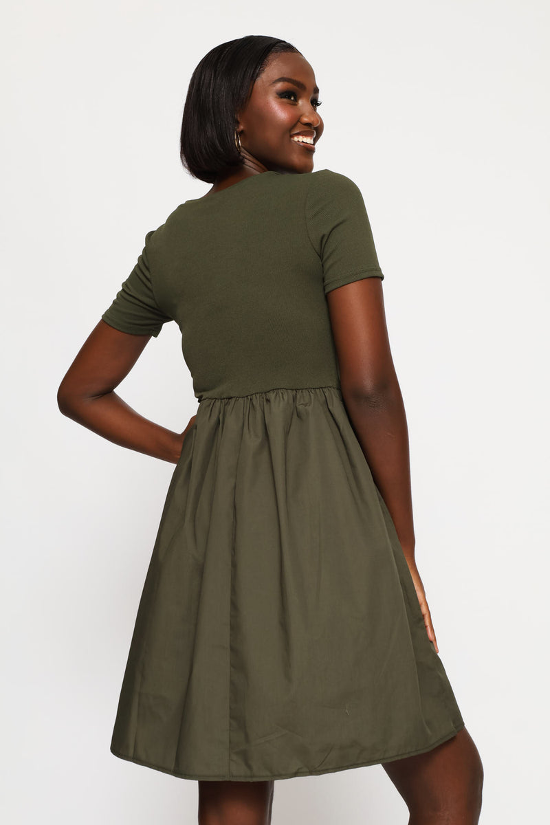Rib Combo Babydoll Mini Dress - Fatigue