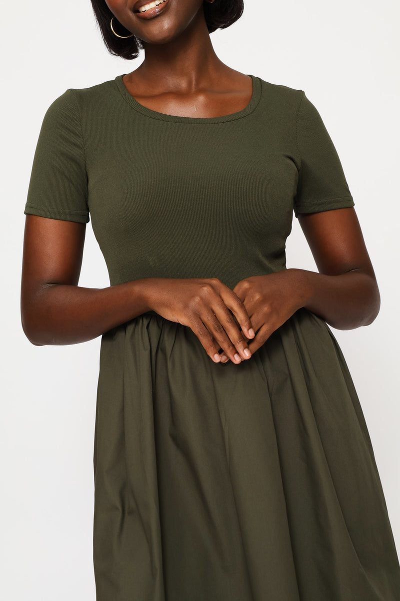 Rib Combo Babydoll Mini Dress - Fatigue