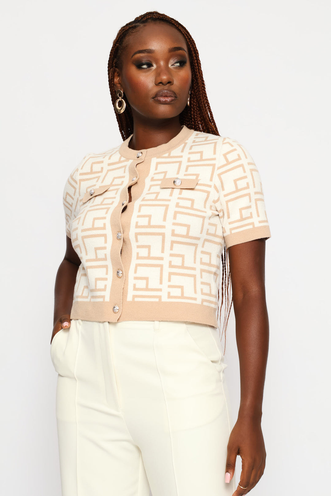 Geo Contrast Cardigan - Cream