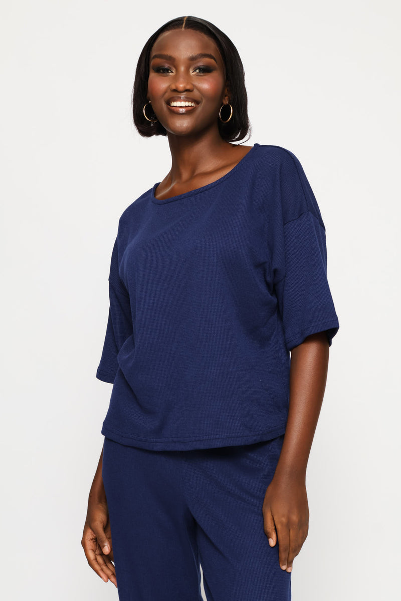 3/4 Sleeve Dolman Waffle Top - Navy