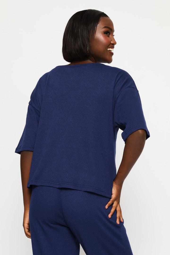 3/4 Sleeve Dolman Waffle Top - Navy