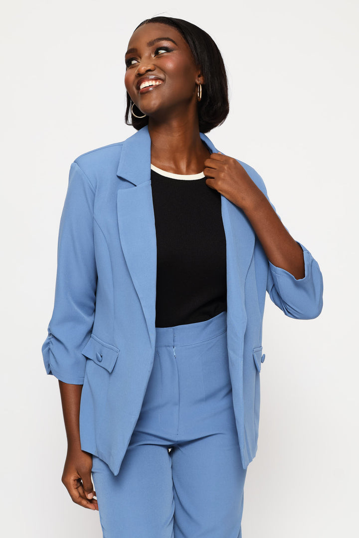 Ruched Sleeve Pocket Button Blazer - Blue
