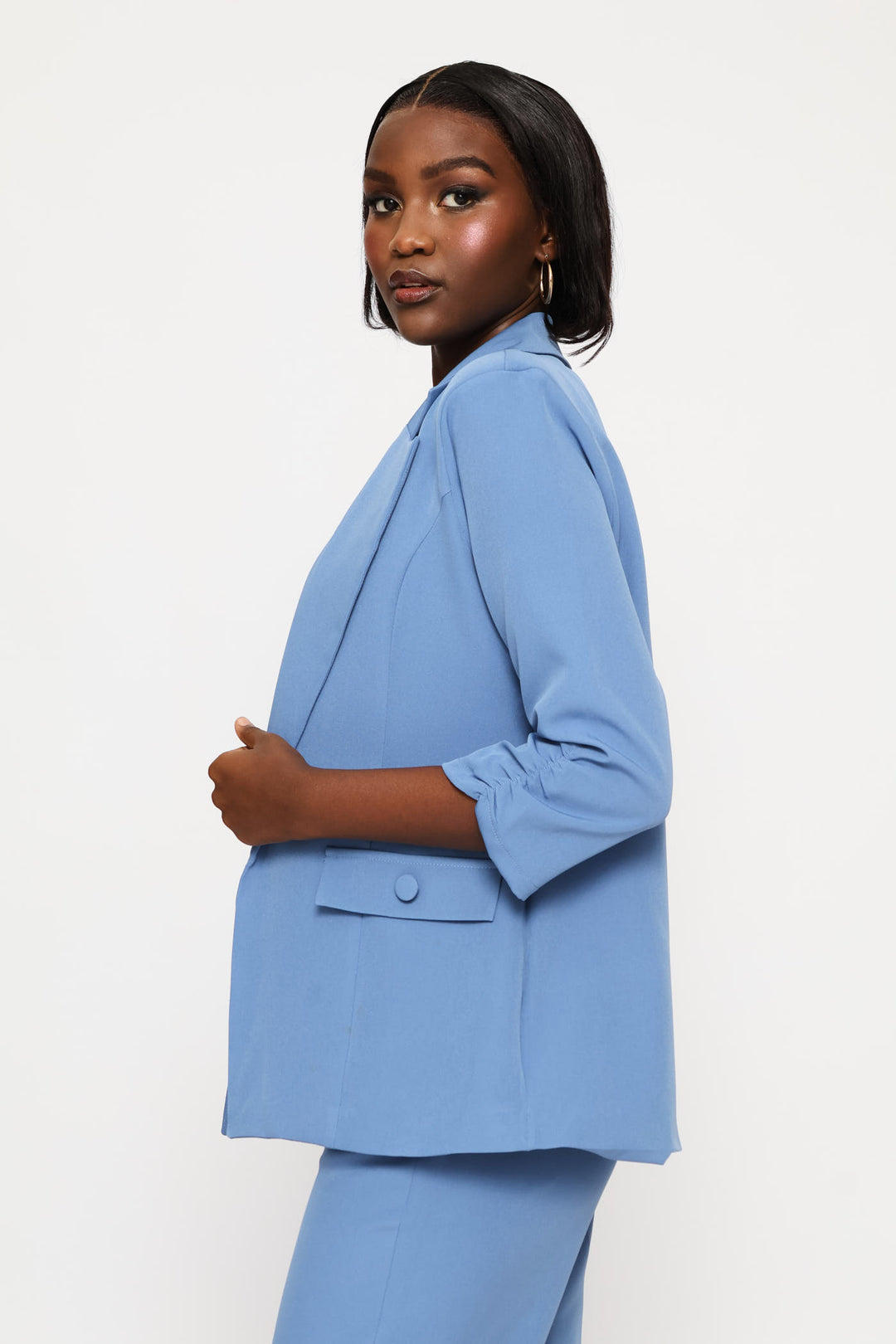 Ruched Sleeve Pocket Button Blazer - Blue