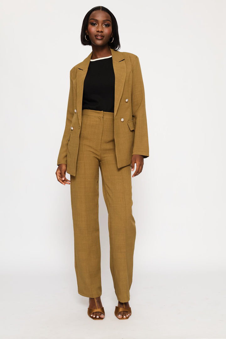 Pin Tuck Linen Blend Straight Leg Pant - Natural