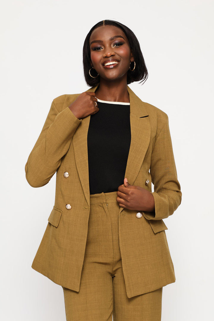 Double Breasted Linen Blend Blazer - Natural