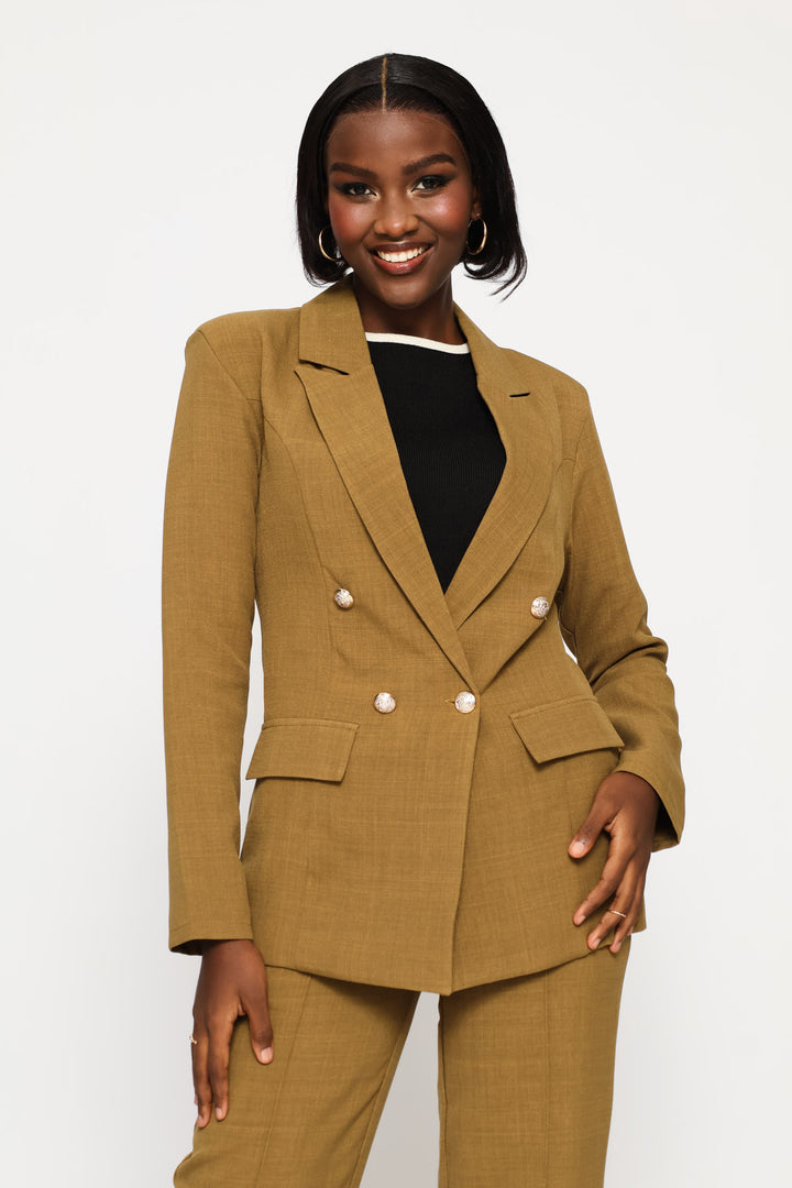 Double Breasted Linen Blend Blazer - Natural