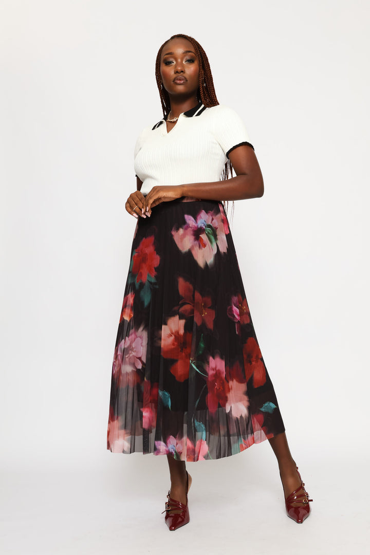 Bold Floral Mesh Midi Skirt - Black
