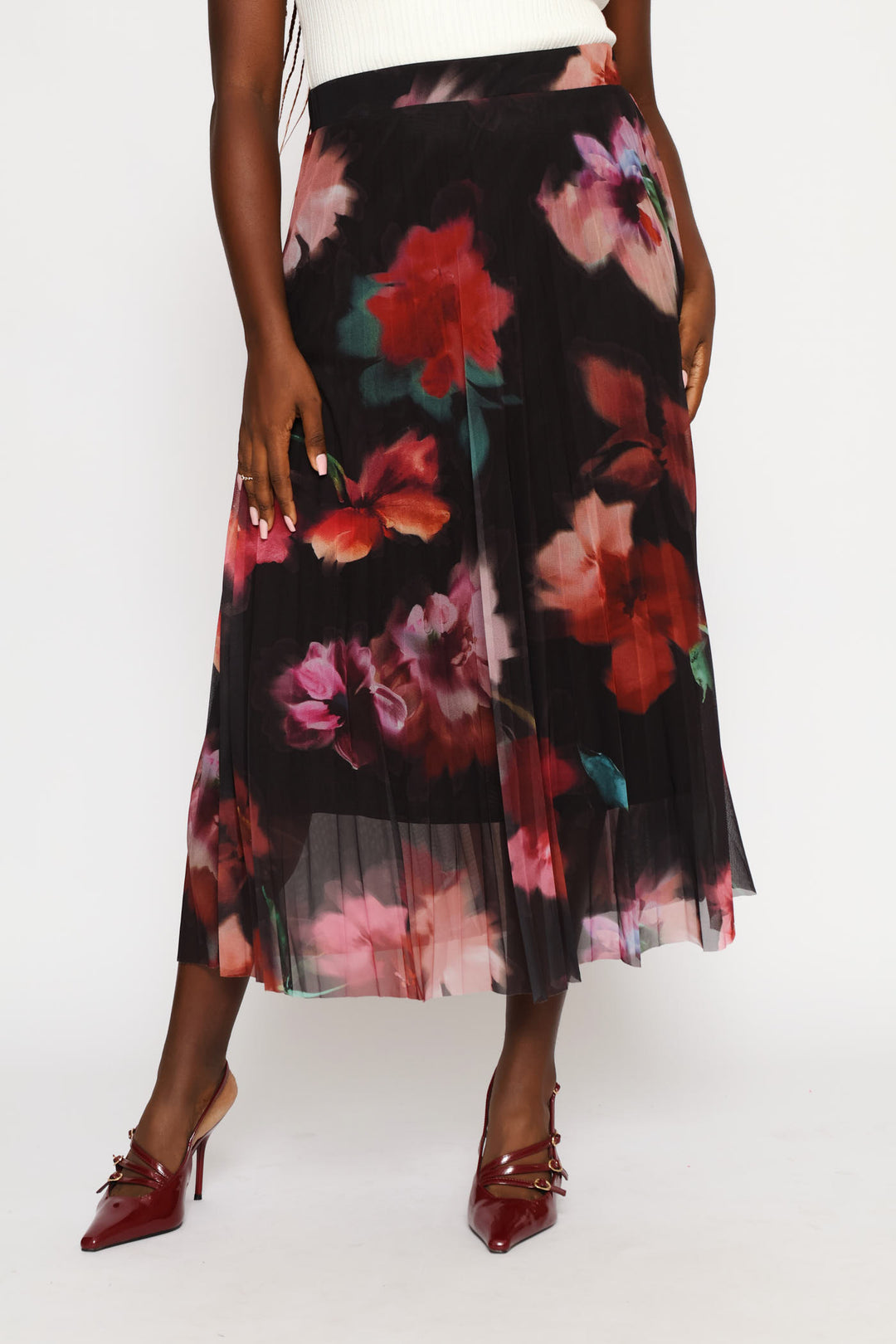 Bold Floral Mesh Midi Skirt - Black
