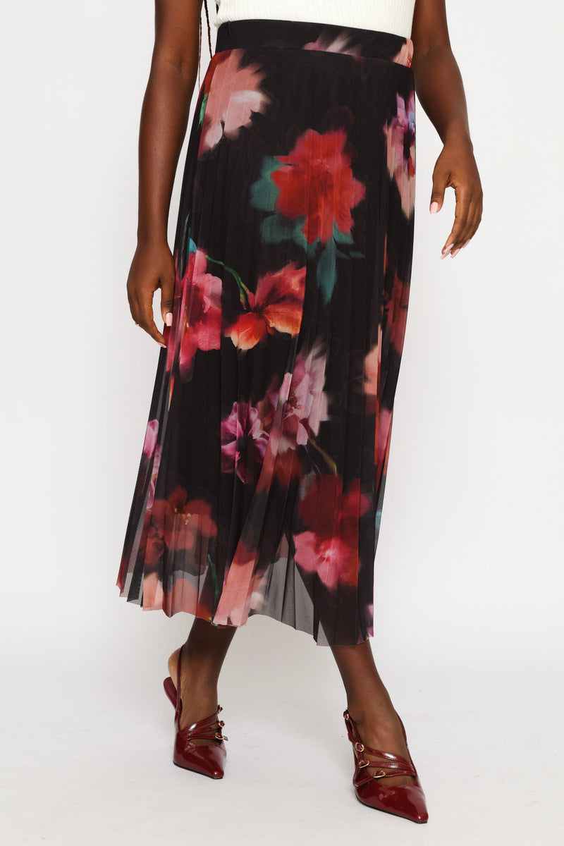 Bold Floral Mesh Midi Skirt - Black