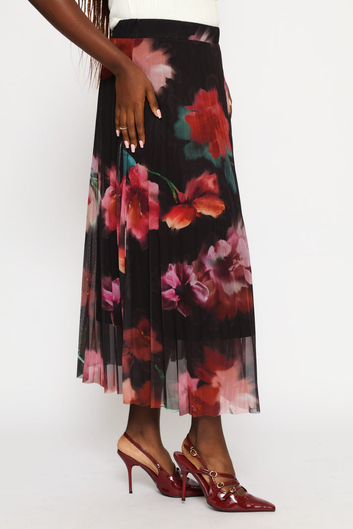Bold Floral Mesh Midi Skirt - Black