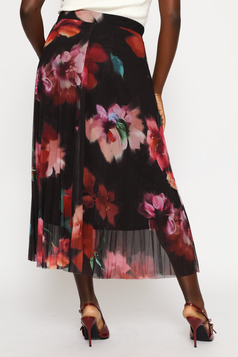 Bold Floral Mesh Midi Skirt - Black