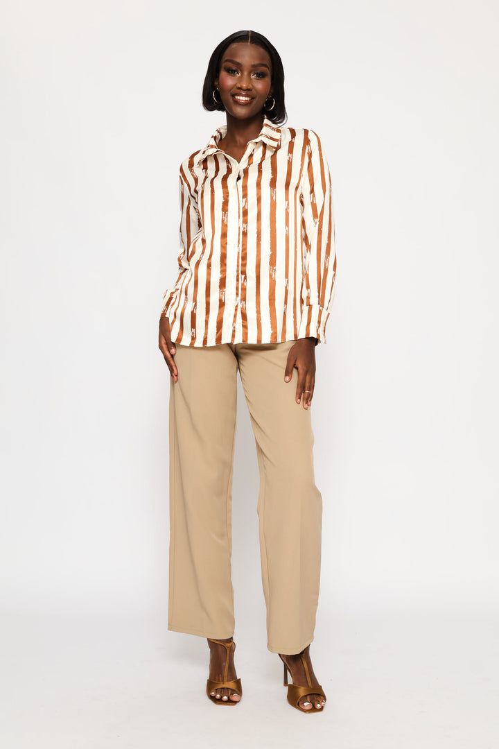 Striped Abstract Satin Shirt - Cream