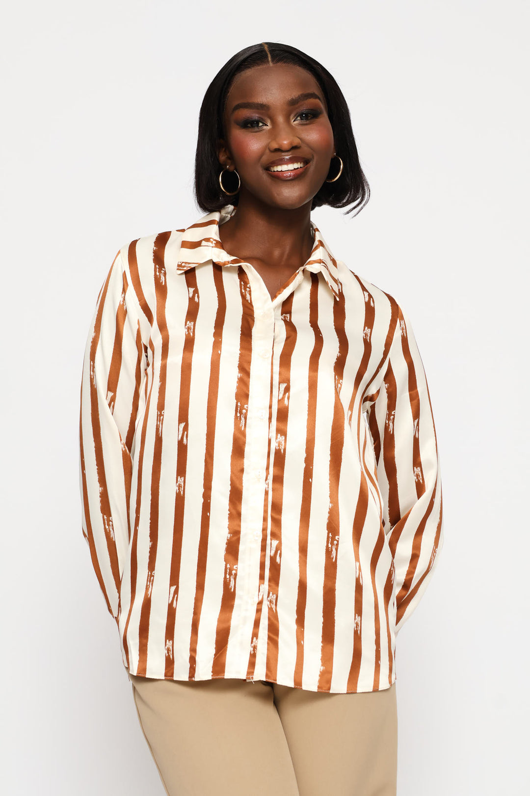 Striped Abstract Satin Shirt - Cream