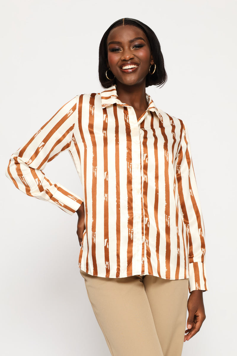 Striped Abstract Satin Shirt - Cream