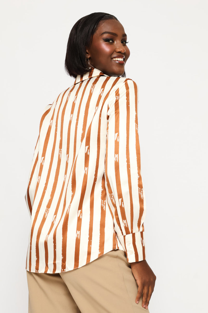 Striped Abstract Satin Shirt - Cream