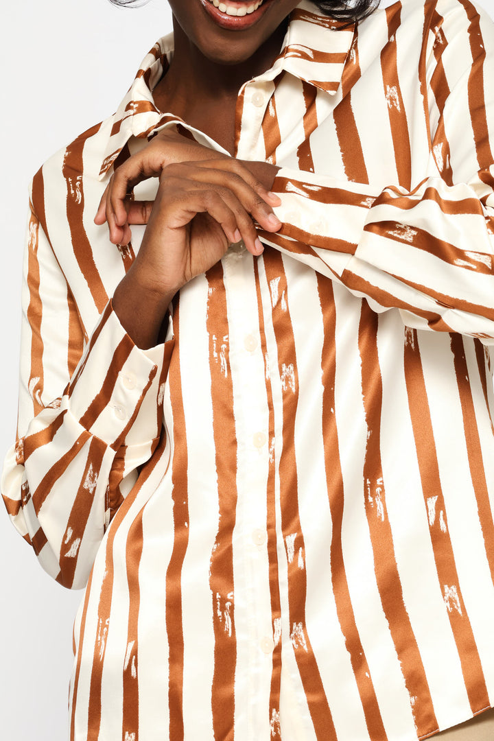 Striped Abstract Satin Shirt - Cream