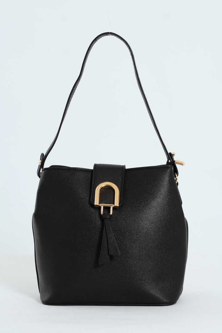 Gold Clasp Flapover Shopper - Black