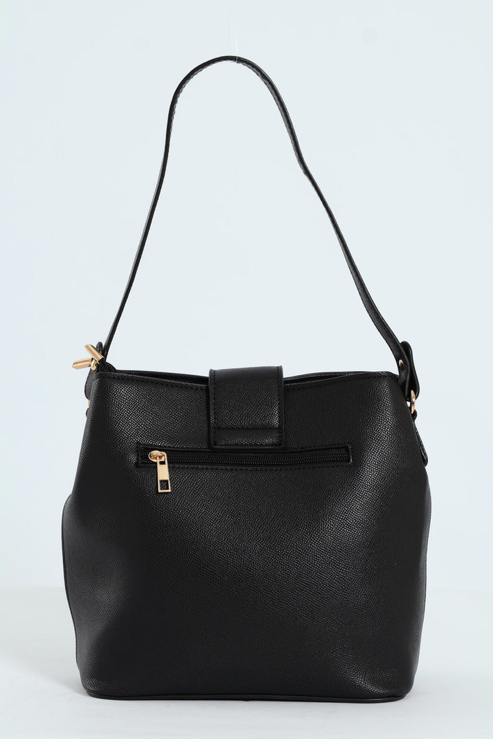 Gold Clasp Flapover Shopper - Black