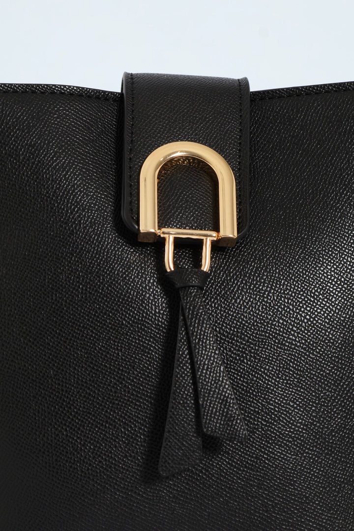 Gold Clasp Flapover Shopper - Black