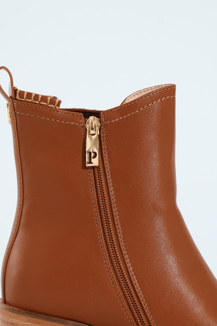 Block Heel Side Gusset Chelsea Boot - Brown