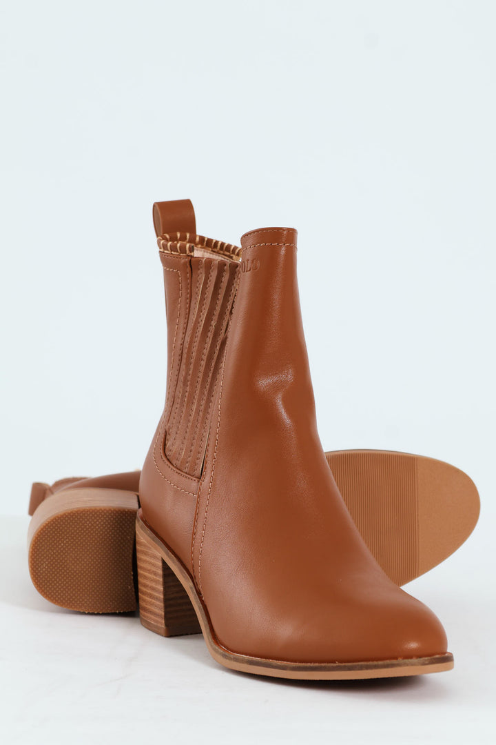 Block Heel Side Gusset Chelsea Boot - Brown