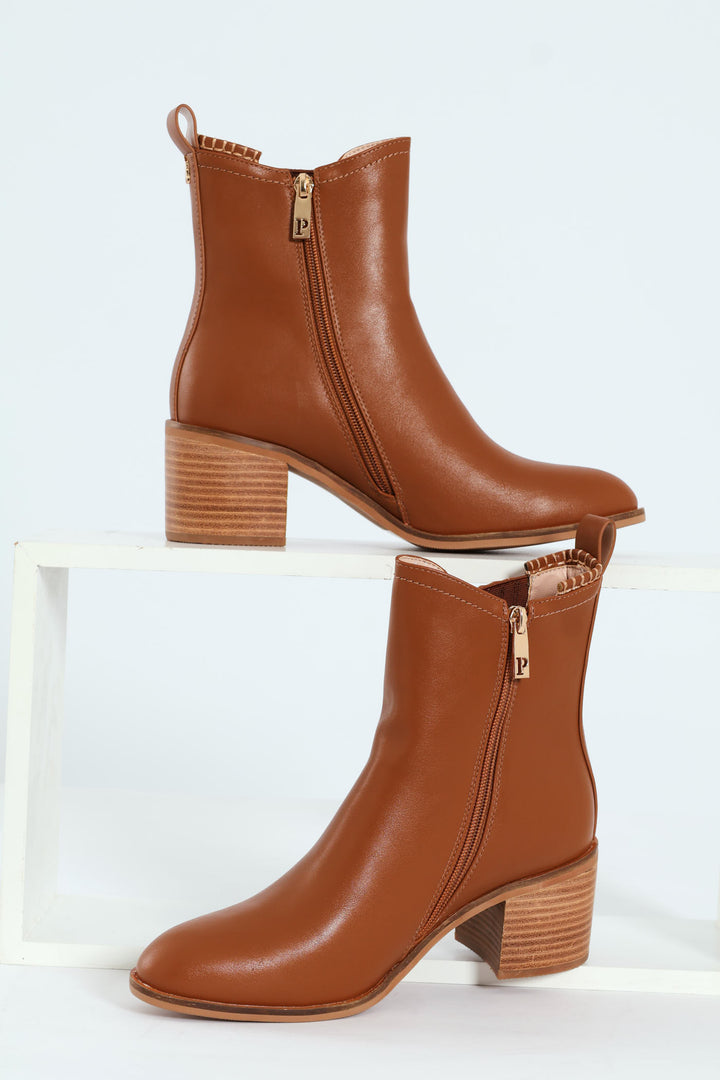 Block Heel Side Gusset Chelsea Boot - Brown