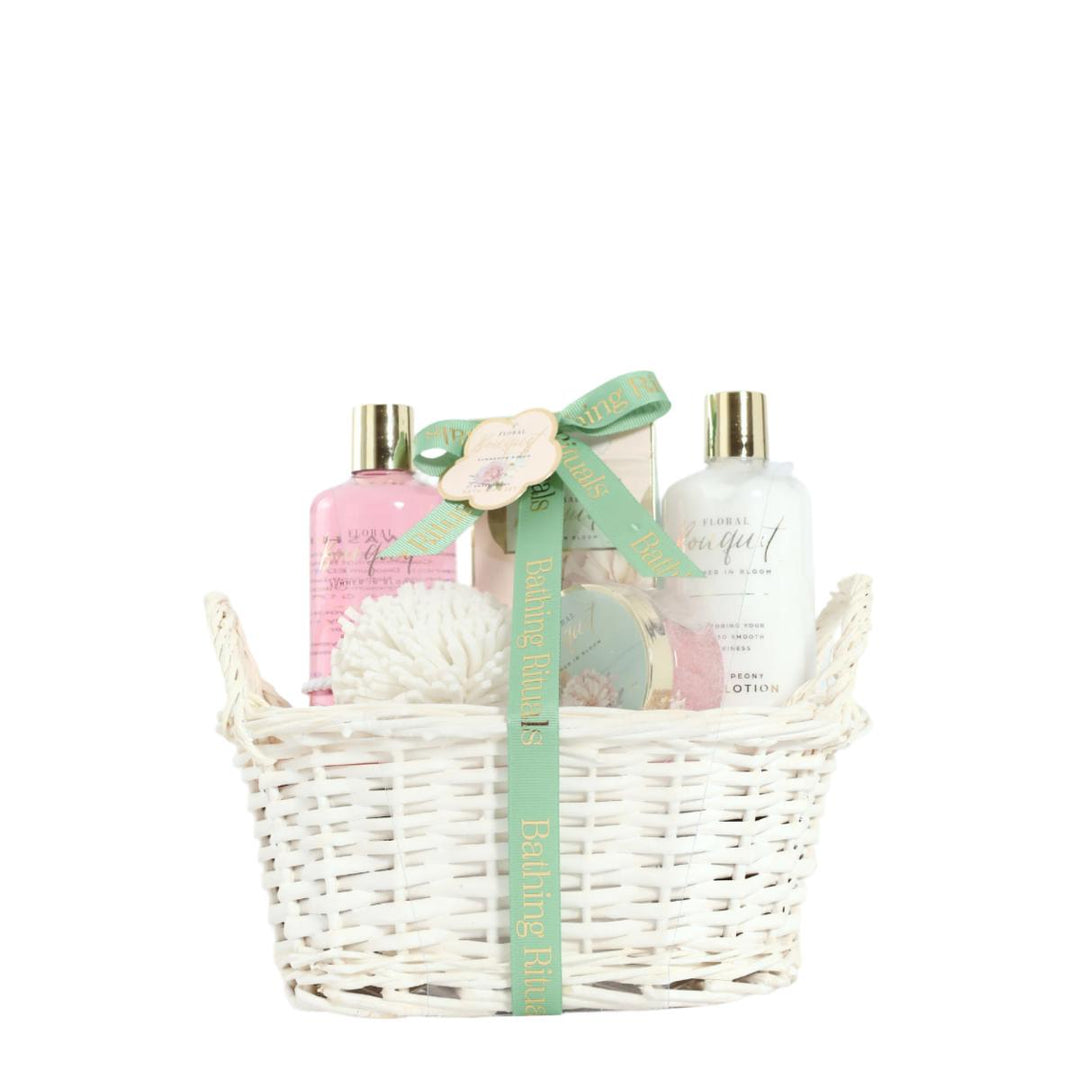 Floral Bouquet Willow Basket Bath Gift Set