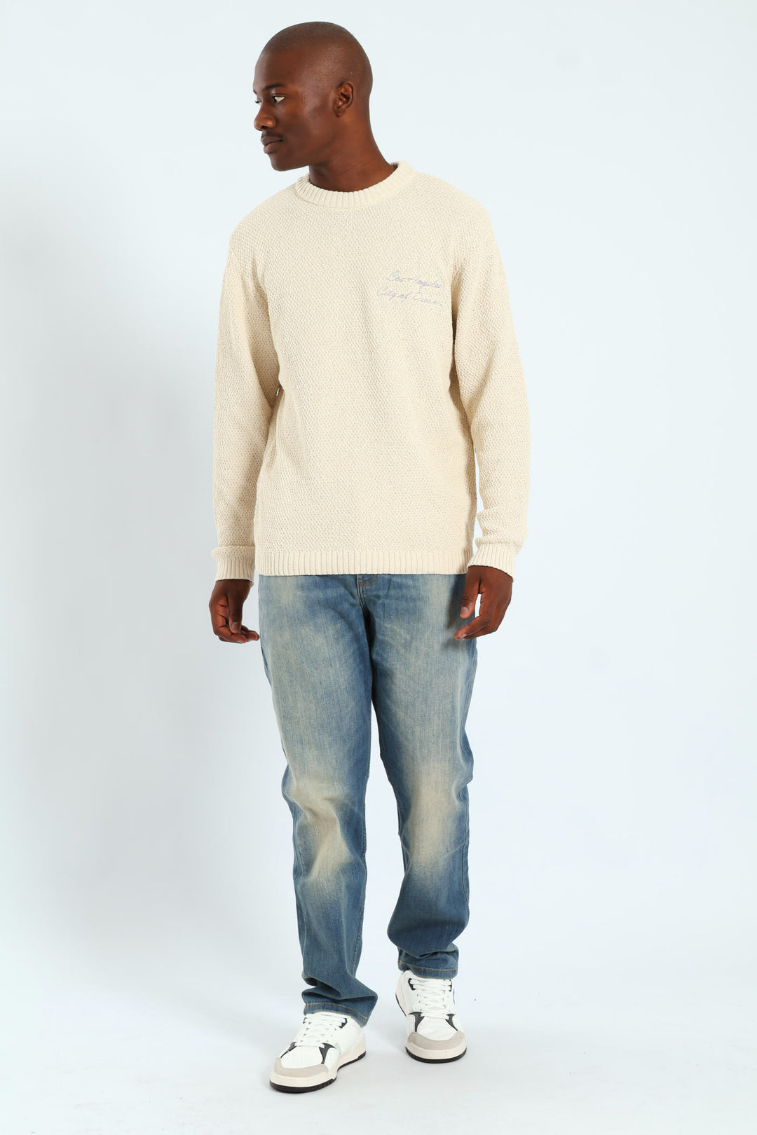 Textured Crew Embroidered Pullover - Stone