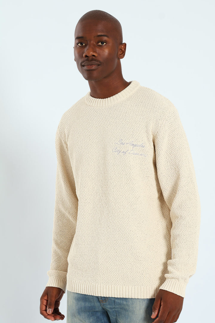 Textured Crew Embroidered Pullover - Stone
