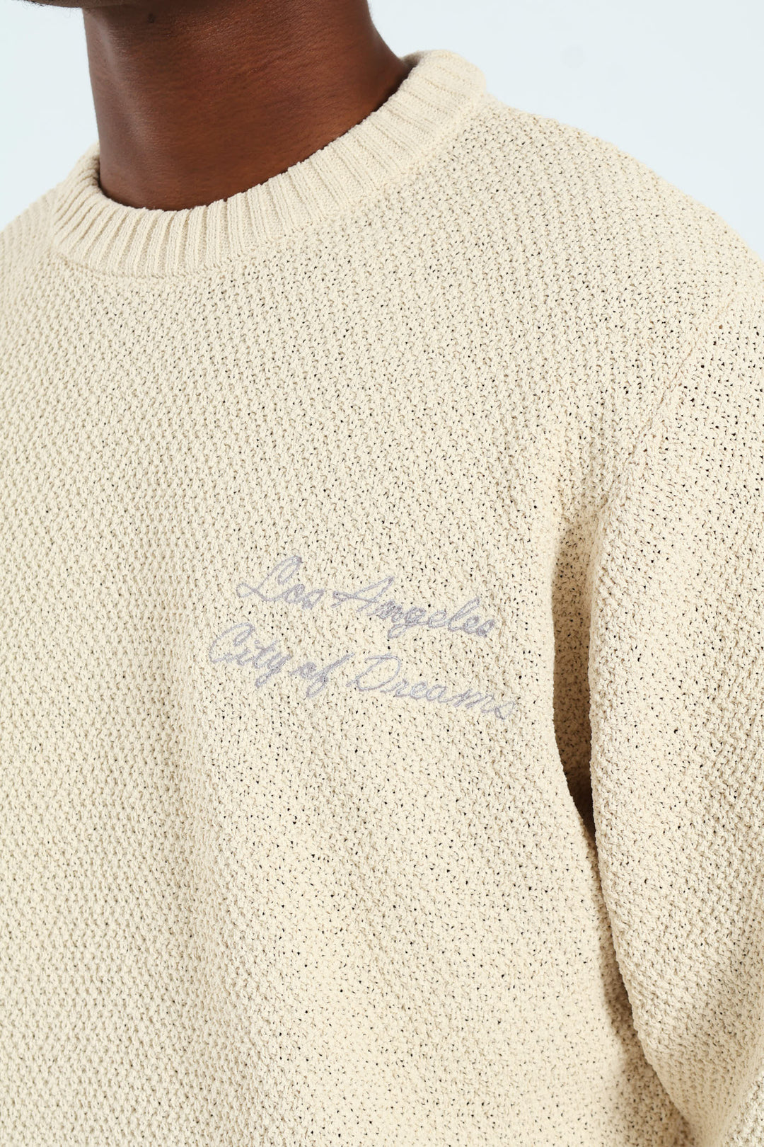 Textured Crew Embroidered Pullover - Stone