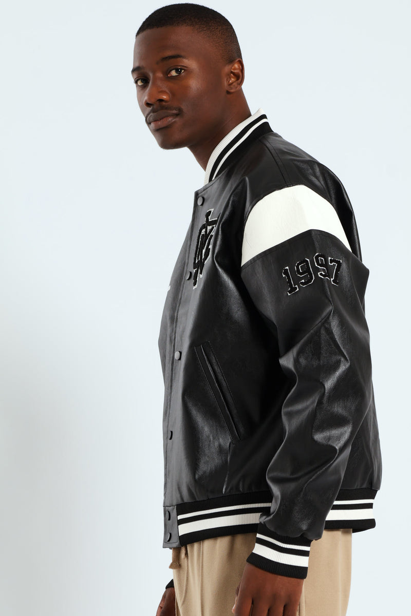 PU Baseball Jacket - Black