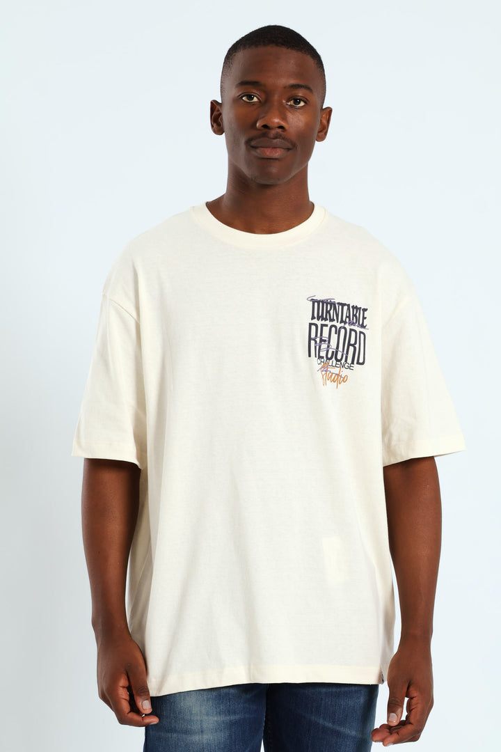 Oversized Record Print Front & Back Tee - Stone