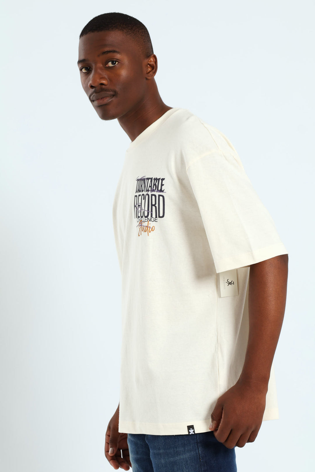 Oversized Record Print Front & Back Tee - Stone