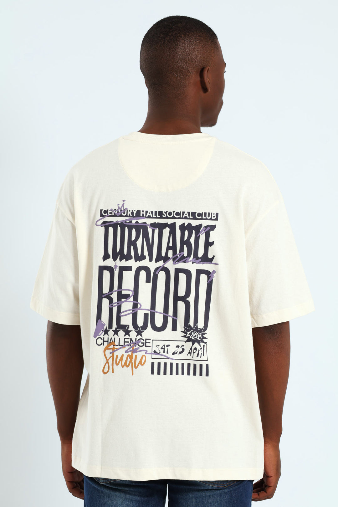 Oversized Record Print Front & Back Tee - Stone